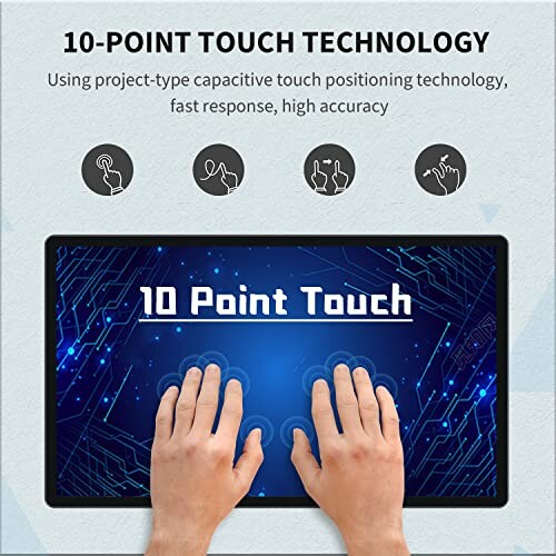 Hands demonstrating 10-point touch on a digital screen with capacitive touch technology.