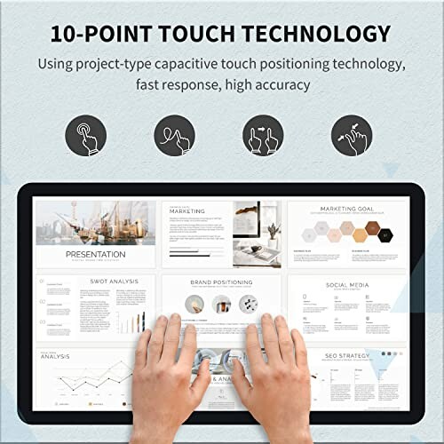 Tablet demonstrating 10-point touch technology with various charts and graphs on screen.