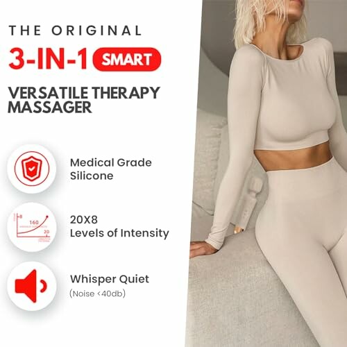 Ad for 3-in-1 versatile therapy massager with features like medical grade silicone, 20x8 intensity levels, and whisper quiet operation