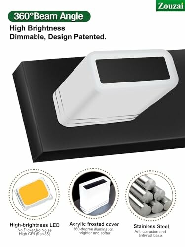 360-degree beam angle light with high brightness and dimmable features, showcasing design elements and materials.