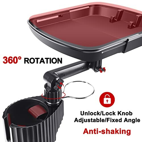 360-degree rotation phone holder with adjustable lock knob and anti-shaking feature.
