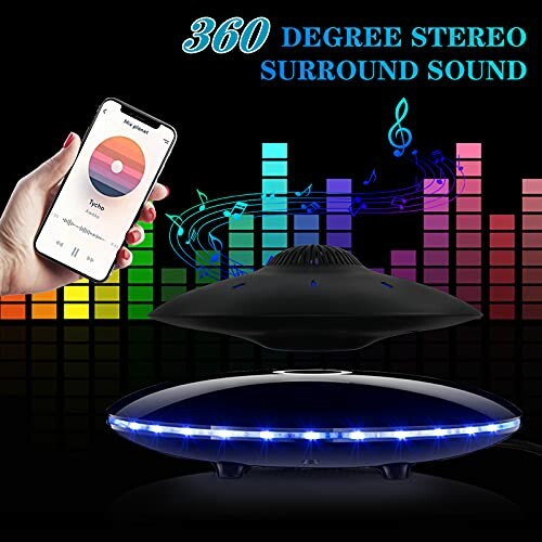 Levitating speaker with LED lights and smartphone control.