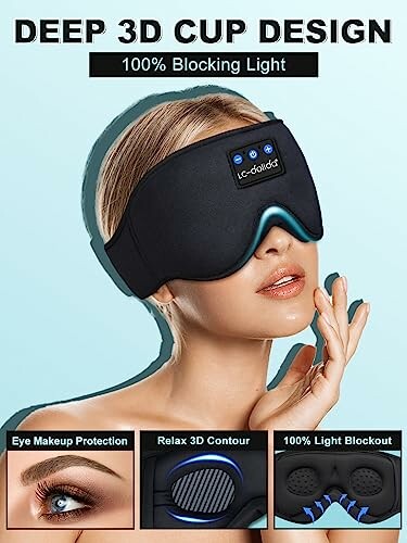 Woman wearing deep 3D cup design sleep mask with eye makeup protection and 100% light blockout.