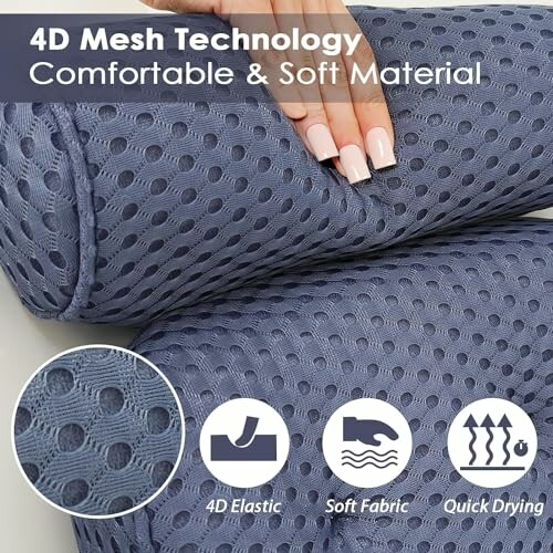 Close-up of 4D mesh pillow material with features like elasticity, softness, and quick drying.