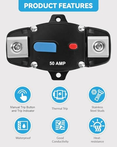 50 AMP circuit breaker features manual trip button, thermal trip, stainless steel studs, waterproof, good conductivity, heat-resistance.