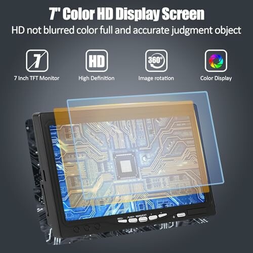 7-inch color HD display screen with features like HD, image rotation, and color display.