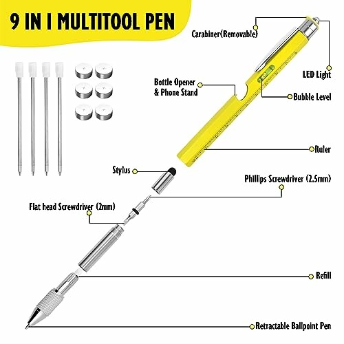 Diagram of a 9-in-1 multitool pen with various features labeled.