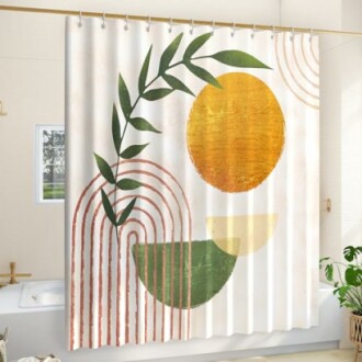Shower curtain with abstract geometric design and leaf motif