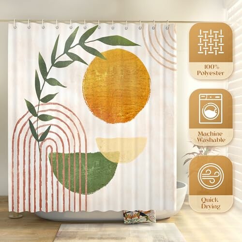 Decorative shower curtain with abstract geometric design and plant motif.