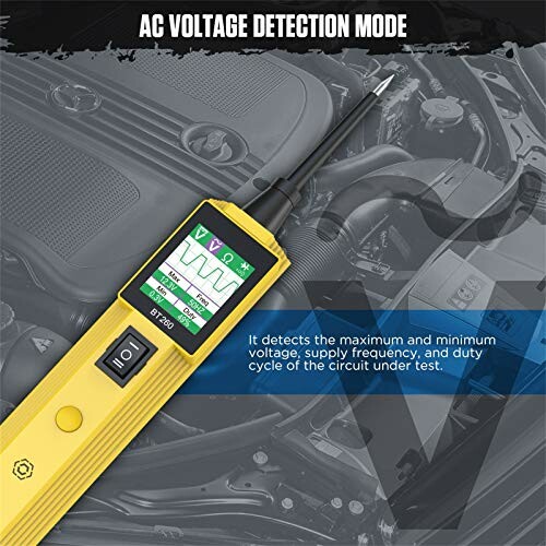 AC voltage detection tool with digital display and car engine background.