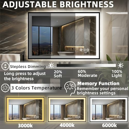 Bathroom mirror with adjustable brightness and color temperature settings.