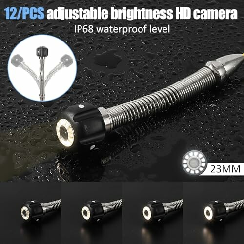 Adjustable brightness HD camera with waterproof level IP68 and 23mm size.