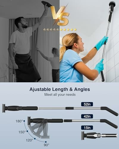 Comparison of two people using adjustable cleaning tool with length options.