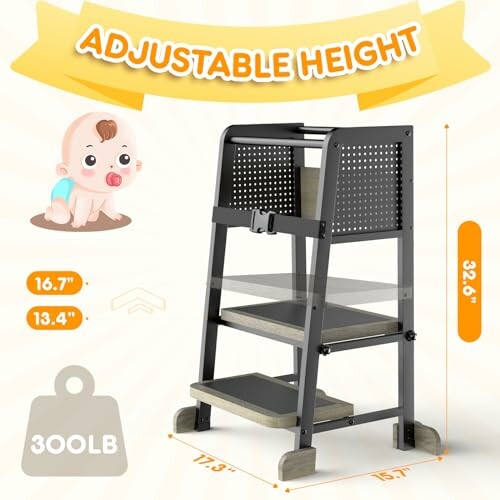 Adjustable height kitchen tower for children with 300lb capacity.