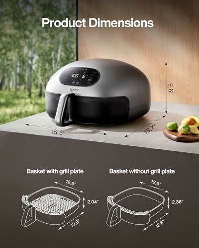 Air fryer with product dimensions on a countertop.