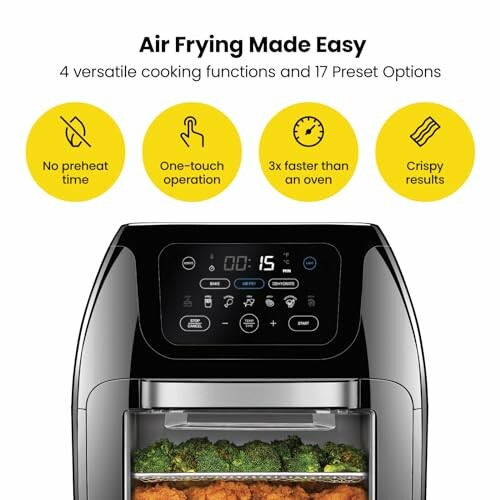 Air fryer with digital display and preset cooking options.