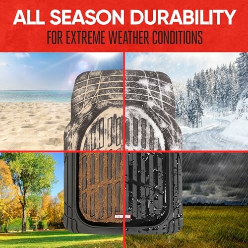 Car mats showcasing durability in four seasons: beach, snow, autumn, and rain.