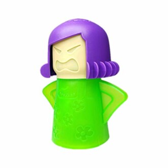 Colorful angry mom microwave cleaner with purple hair and green dress.