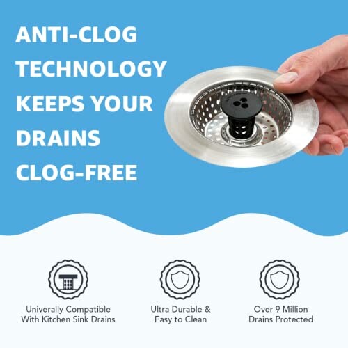 Hand holding anti-clog sink drain strainer with benefits listed.