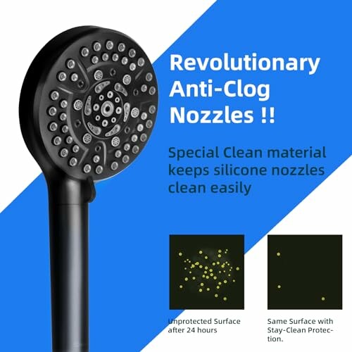 Showerhead with anti-clog silicone nozzles and cleaning technology.