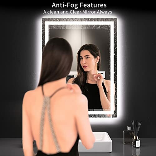 Woman looking in an anti-fog bathroom mirror