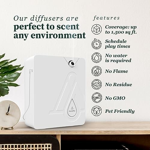 Aromatherapy diffuser with features like coverage, schedule, no water, no flame, no residue, no GMO, pet friendly.