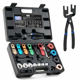 Automotive hose clamp tool kit with pliers and assorted clamps.