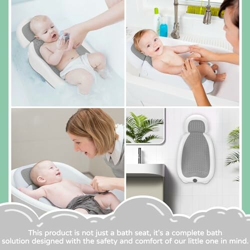 Collage of baby bath seat in use for comfort and safety.