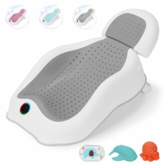 Baby bath seat with grey cushioning and included bath toys.