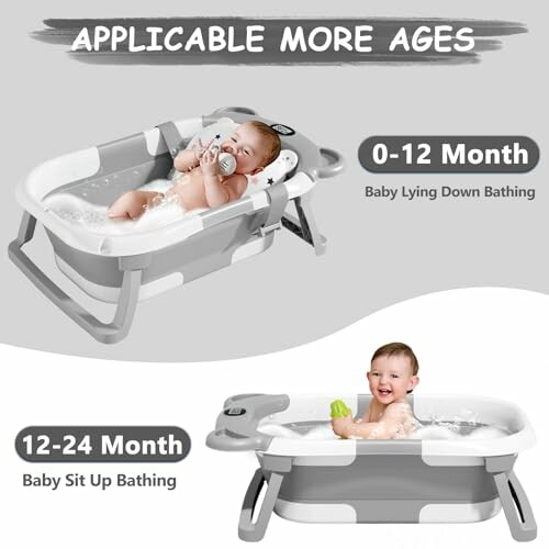 Collapsible baby bath tub for ages 0-24 months, showing lying down and sit up positions.