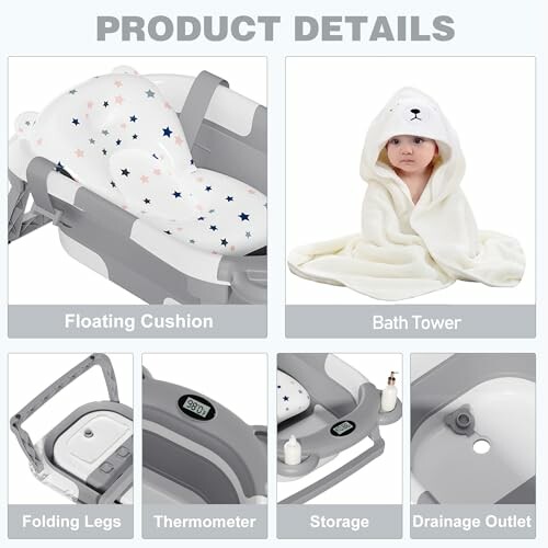 Baby bath tub with floating cushion, bath towel, folding legs, thermometer, storage, and drainage outlet.