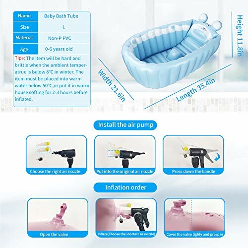 Inflatable baby bath tube with installation guide and specifications.