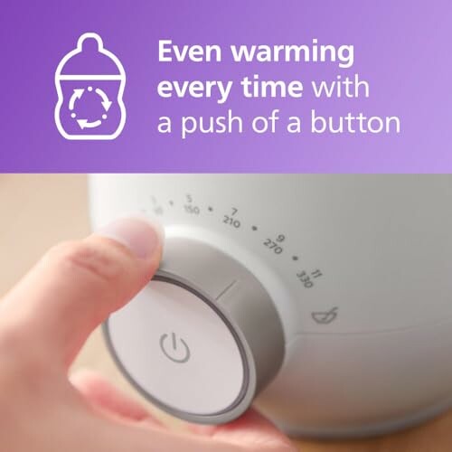 Hand adjusting a baby bottle warmer with text about easy warming.