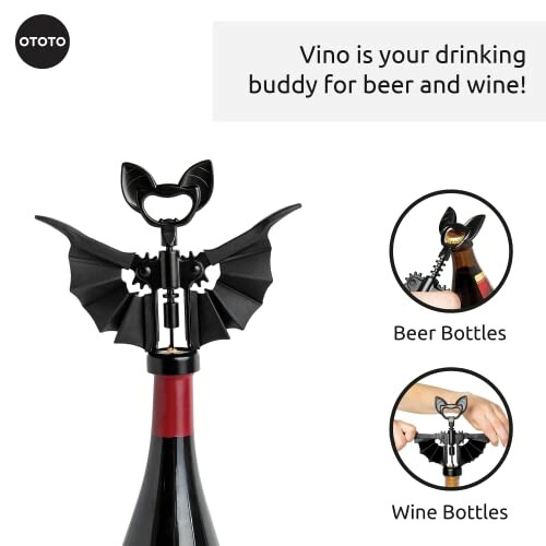 Corkscrew with bat wings on a bottle, suitable for beer and wine.