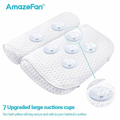 Bath pillow with seven large suction cups for secure attachment.