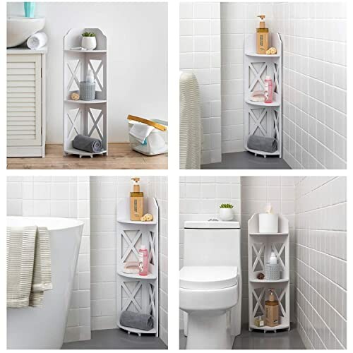 White corner shelf with toiletries in a bathroom setting.