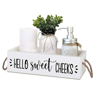 Bathroom tray with greenery, soap dispenser, and toilet paper.