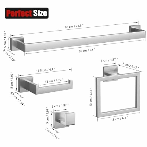 Dimensions of bathroom hardware set including towel bar, toilet paper holder, and towel ring.