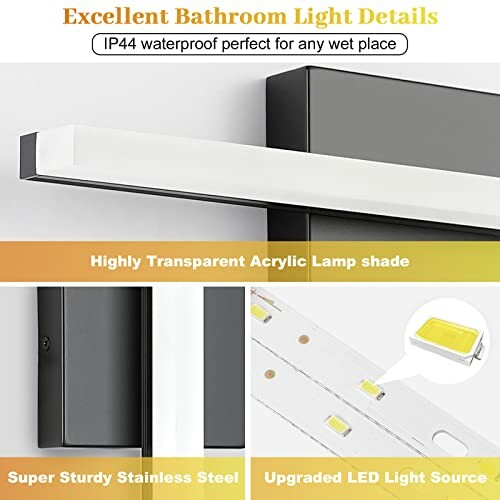 Bathroom light with acrylic lamp shade, stainless steel, and LED light source.