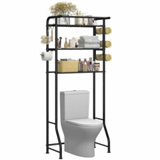 Over-the-toilet bathroom storage shelf with towels and toiletries.