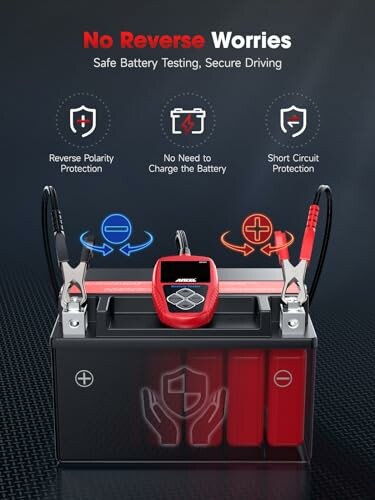 Battery tester showing reverse polarity, no charge needed, and short circuit protection.