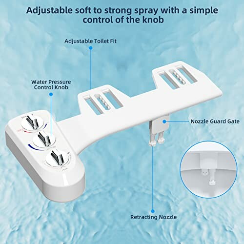 Bidet attachment with adjustable controls and retracting nozzle.