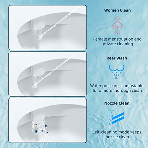 Infographic showing bidet functions: women clean, rear wash, and nozzle clean.