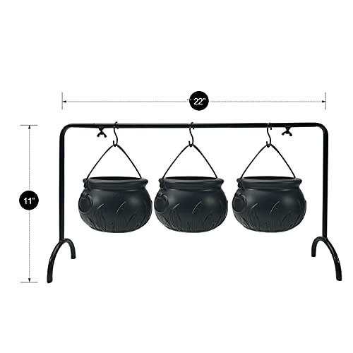 Three black cauldrons hanging on a metal stand with dimensions.