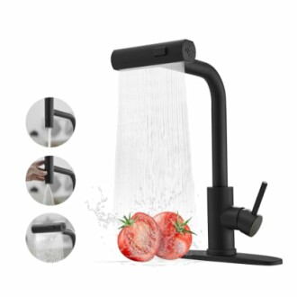 Black kitchen faucet with water stream and tomatoes.