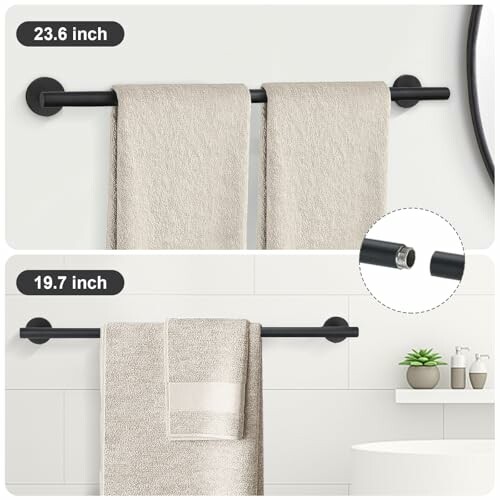 Black towel bar set with towels and close-up of the rod.