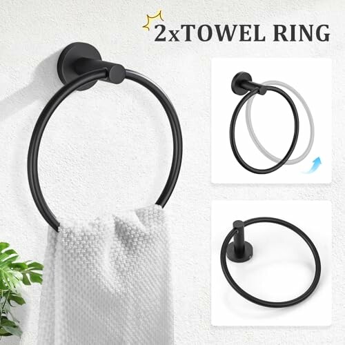Black towel ring set with towel hanging.