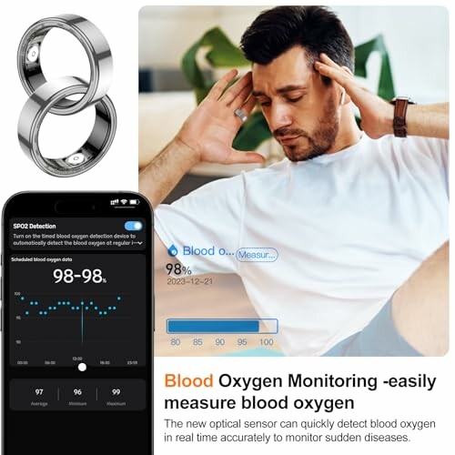 Man monitoring blood oxygen levels with device and app display.