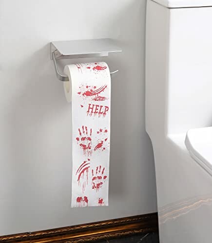 Toilet paper with red handprints and 'HELP' text design.