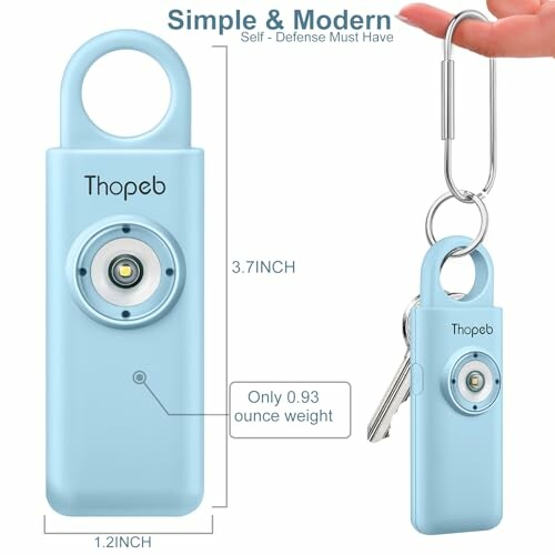 Blue personal alarm keychain with LED light and key ring attachment.